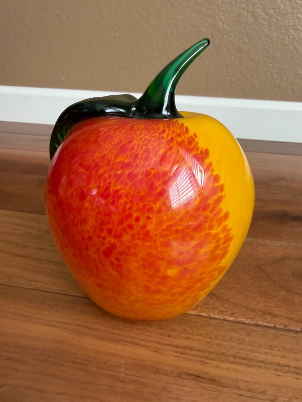 Vintage Bohemia Handblown Art Glass Apple Yellow Orange Speckled 8”